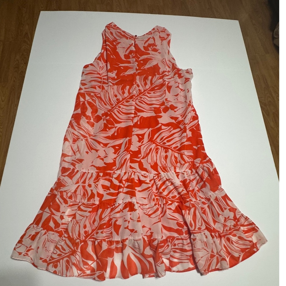 Covington Orange White Tropical Floral Tiered Ruffle Sleeveless Midi Dress 14